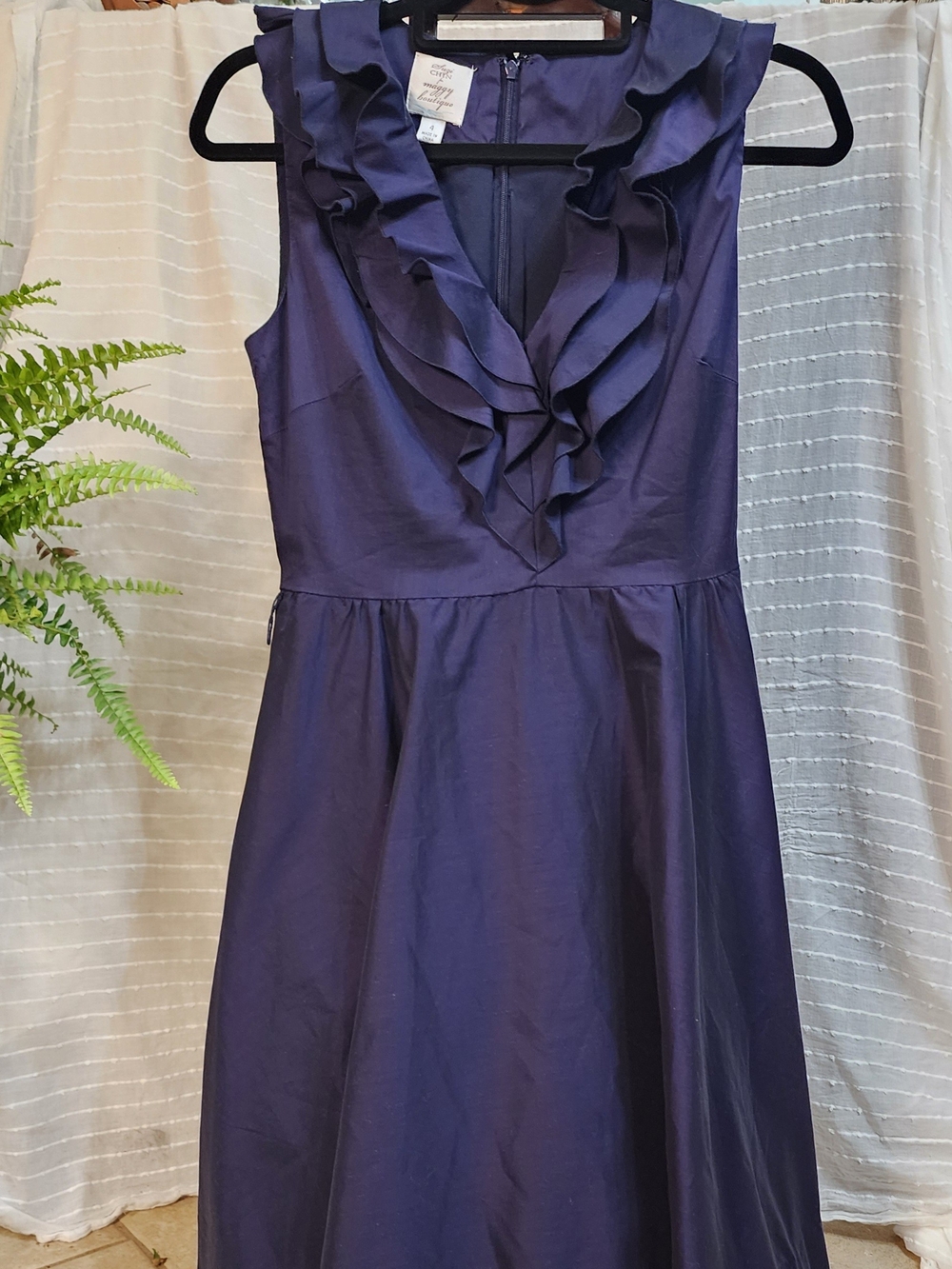 Suzi Chin for Maggy Boutique Deep Navy Purple Ruffle V-Neck Midi Dress Pockets